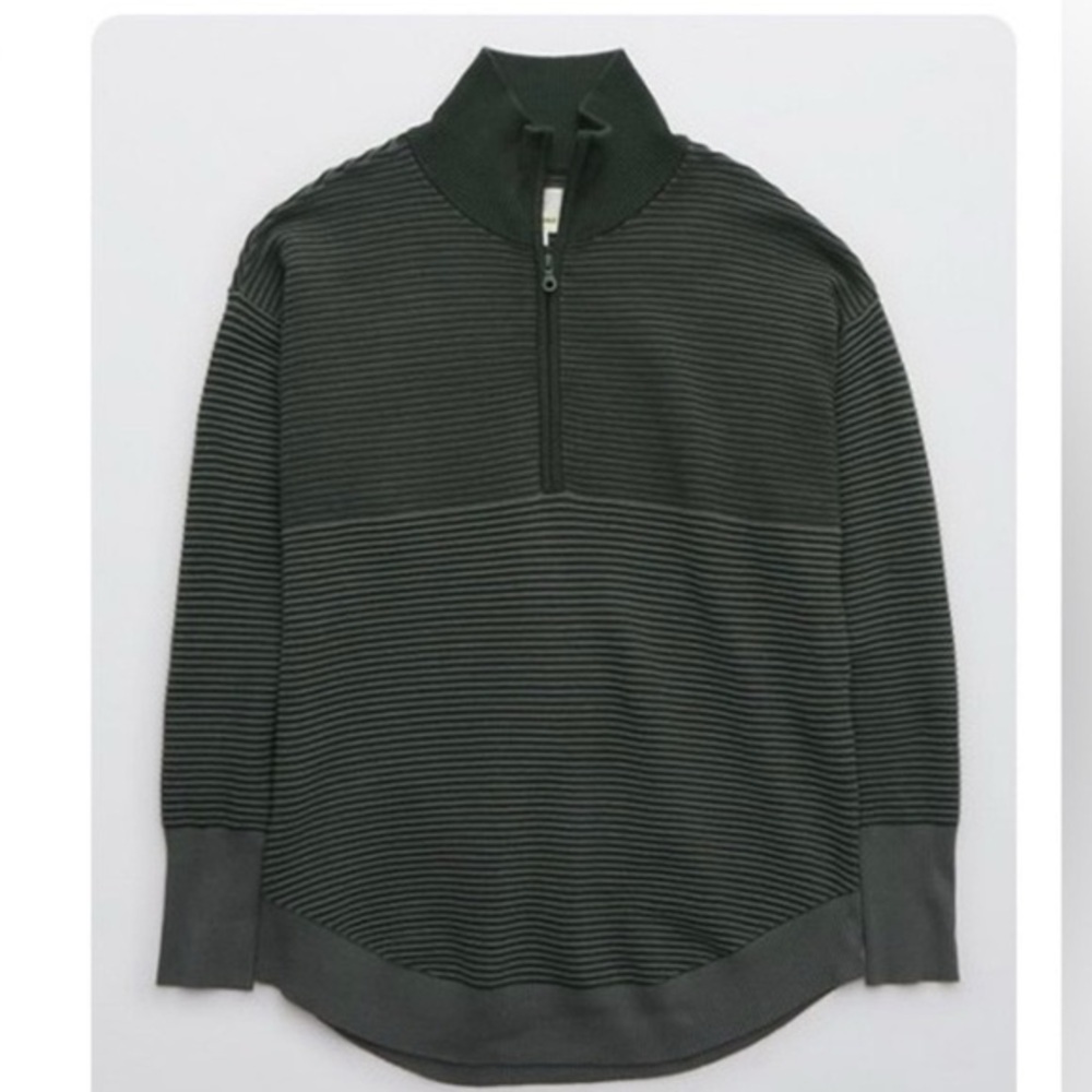Aerie Offline Home Stretch Quarter Zip Sweater Ribbed Green Oversized Size Small